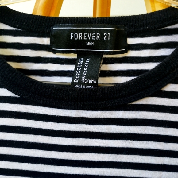 Forever 21 Men's Striped Ringer Tee Shirt with Rose Embroidery Size M - Picture 3 of 5